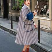 Luxury navy striped maxi coat casual pockets side open Coats boutique Notched maxi coat