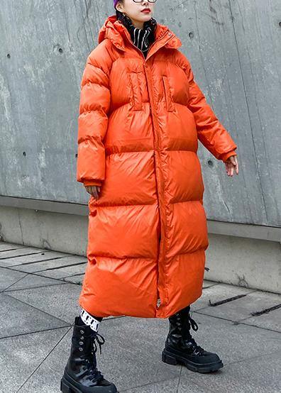 Luxury orange outwear oversized down jacket hooded zippered overcoat - bagstylebliss