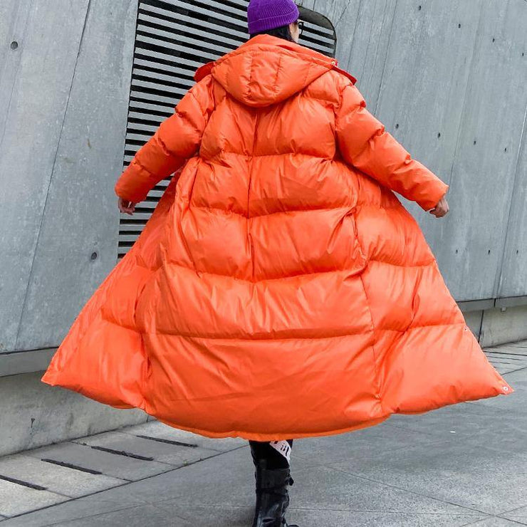 Luxury orange outwear oversized down jacket hooded zippered overcoat - bagstylebliss