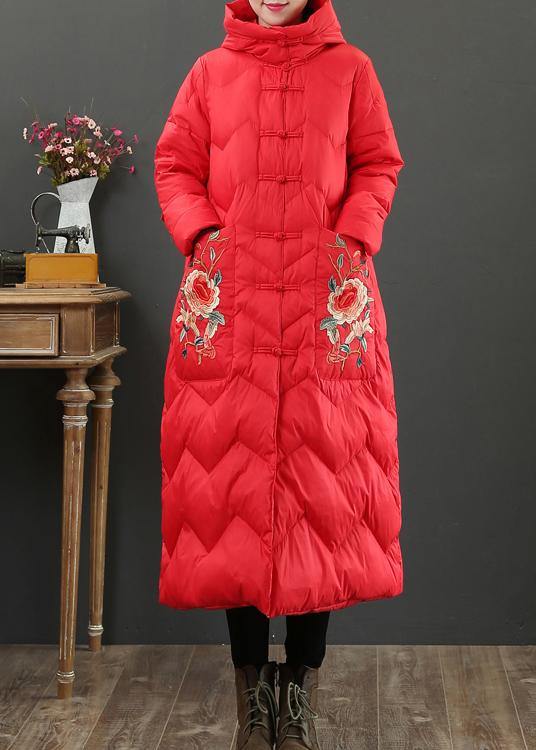 Luxury oversize down jacket coats red embroidery hooded warm winter coat - bagstylebliss