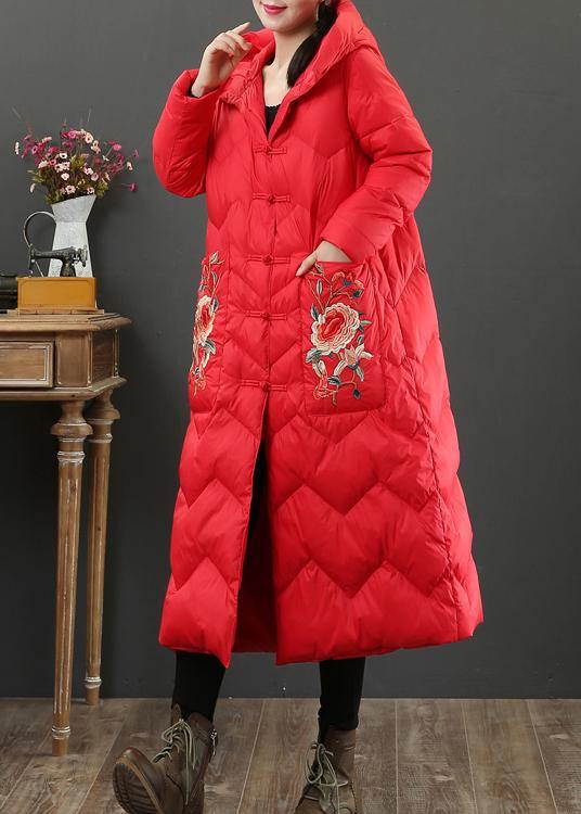 Luxury oversize down jacket coats red embroidery hooded warm winter coat - bagstylebliss