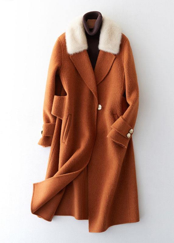 Luxury oversize trench coat fur collar brown Notched woolen overcoat - bagstylebliss