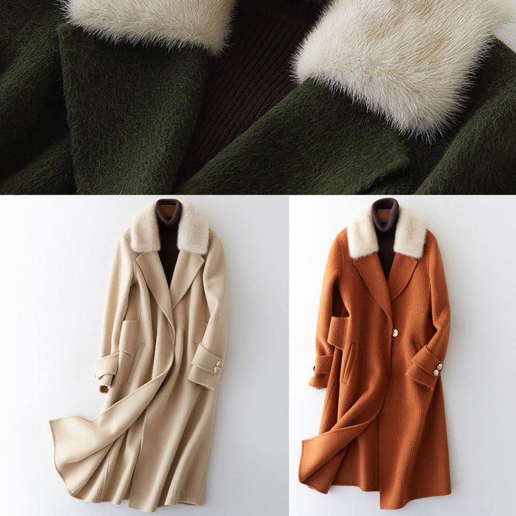 Luxury oversize trench coat fur collar brown Notched woolen overcoat - bagstylebliss