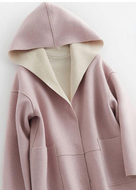 Luxury oversize winter coat hooded woolen outwear pink pockets wool coat - bagstylebliss