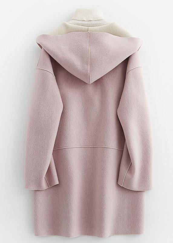 Luxury oversize winter coat hooded woolen outwear pink pockets wool coat - bagstylebliss