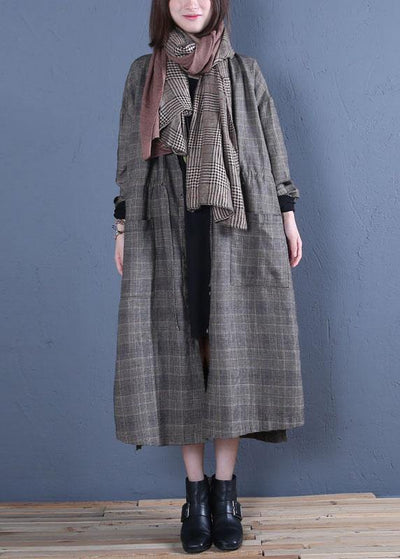 Luxury oversized long winter coat fall gray plaid drawstring coat - bagstylebliss