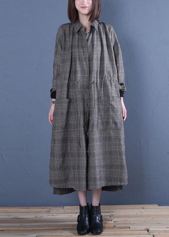 Luxury oversized long winter coat fall gray plaid drawstring coat - bagstylebliss