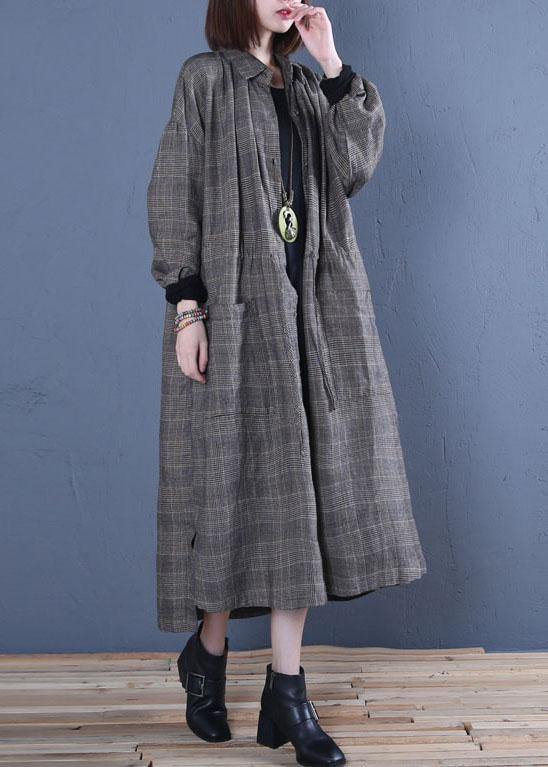 Luxury oversized long winter coat fall gray plaid drawstring coat - bagstylebliss