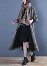 Luxury oversized long winter coat fall gray plaid drawstring coat - bagstylebliss