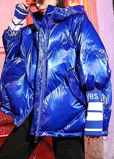 Luxury oversized winter jacket overcoat blue print hooded zippered winter parkas - bagstylebliss
