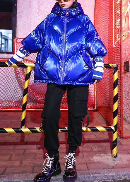 Luxury oversized winter jacket overcoat blue print hooded zippered winter parkas - bagstylebliss