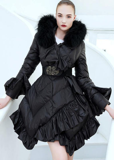 Luxury plus size clothing down jacket tie waist Jackets black ruffles hem warm winter coat - bagstylebliss