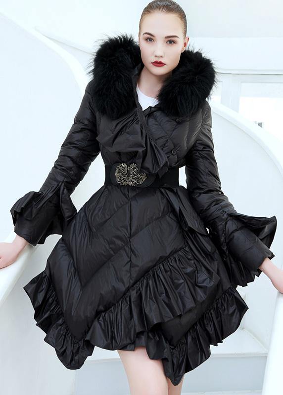 Luxury plus size clothing down jacket tie waist Jackets black ruffles hem warm winter coat - bagstylebliss