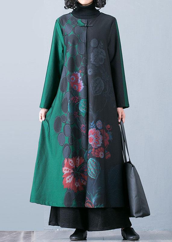 Luxury plus size maxi coat fall trench coats green prints o neck overcoat - bagstylebliss