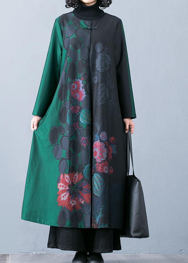 Luxury plus size maxi coat fall trench coats green prints o neck overcoat - bagstylebliss