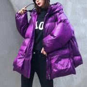 Luxury purple down jacket woman plus size clothing winter jacket hooded zippered Elegant coats - bagstylebliss