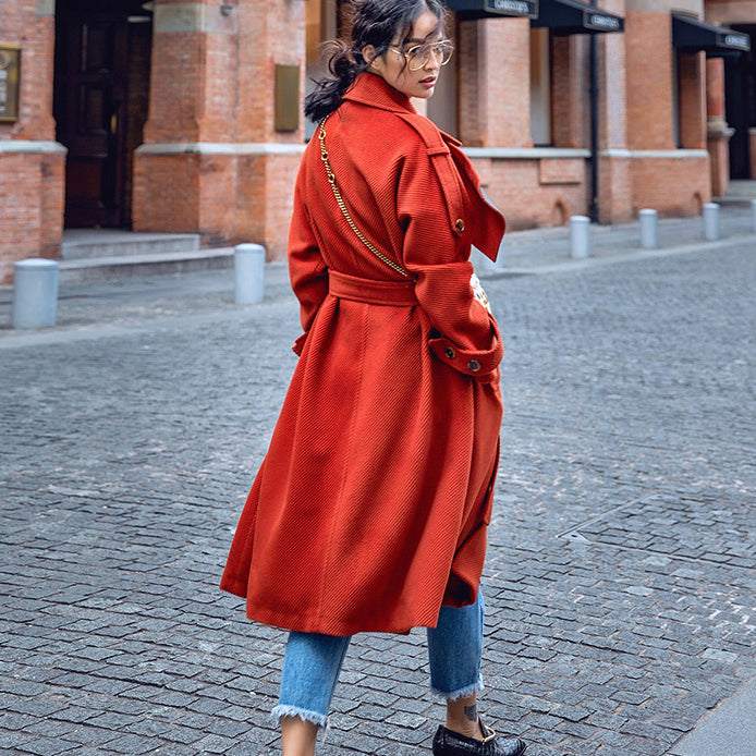 Luxury red Winter coat plus size Notched tunic Coat fine pockets tie waist coats