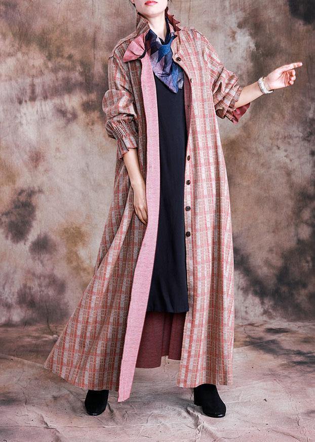 Luxury red plaid woolen coats trendy plus size trench coat fall Cinched coat - bagstylebliss