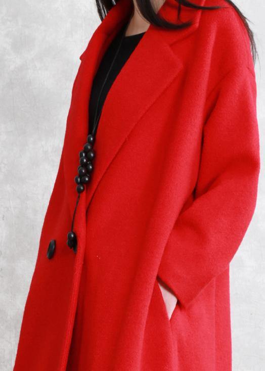 Luxury red wool coat Loose fitting Notched pockets Winter coat - bagstylebliss