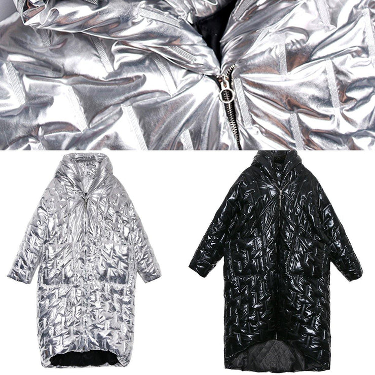Luxury silver Parkas for women Loose fitting hooded zippered coats - bagstylebliss