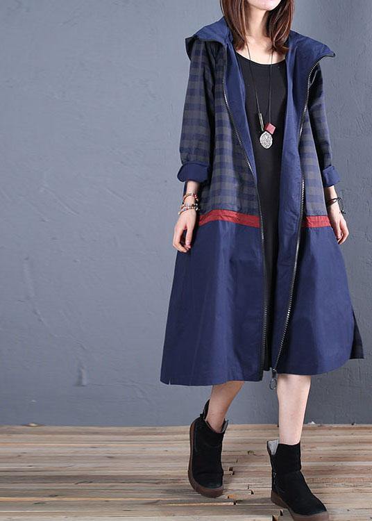 Luxury trendy plus size maxi coat fall blue hooded patchwork Coat - bagstylebliss