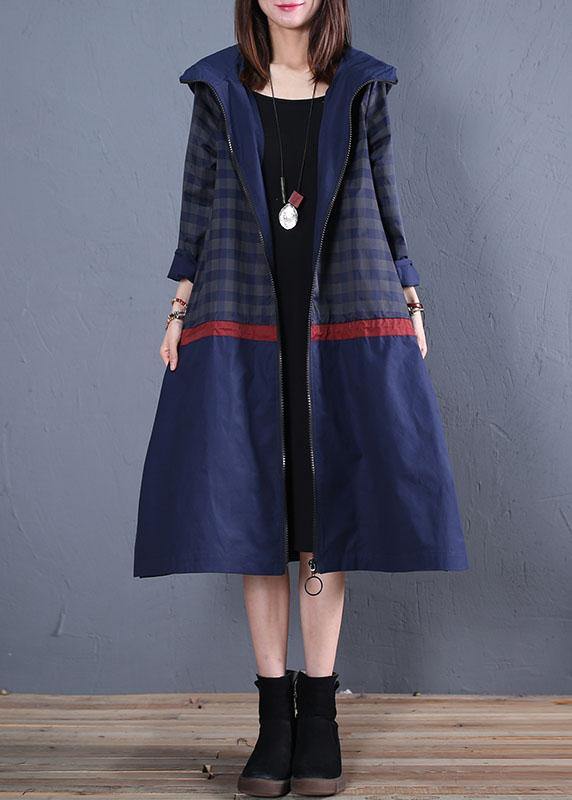 Luxury trendy plus size maxi coat fall blue hooded patchwork Coat - bagstylebliss