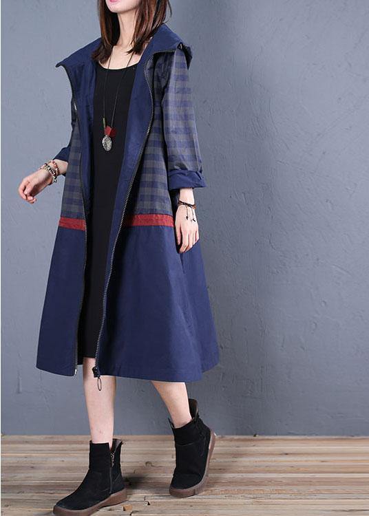 Luxury trendy plus size maxi coat fall blue hooded patchwork Coat - bagstylebliss