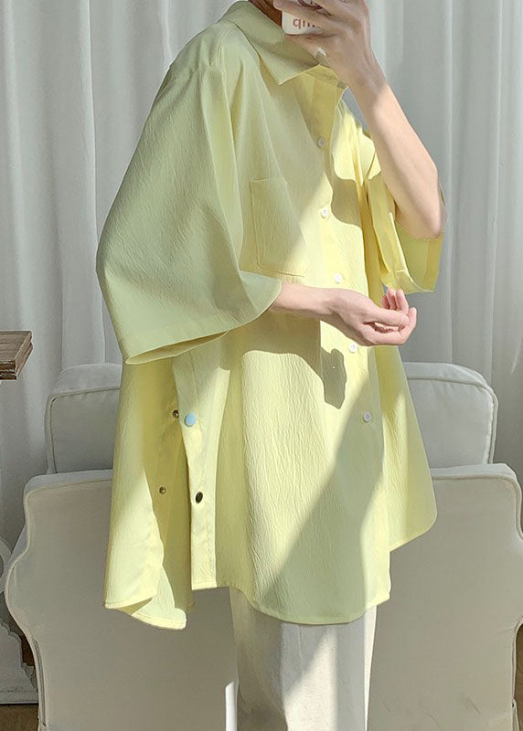 Man Yellow Side Open Button Chiffon Shirts Half Sleeve