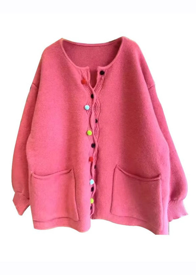 Modern Apricot O-Neck Pockets Button Cotton Knit Sweater Coats Fall