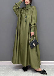 Modern Army Green High Neck Oversized Solid Color Silk Dress Fall