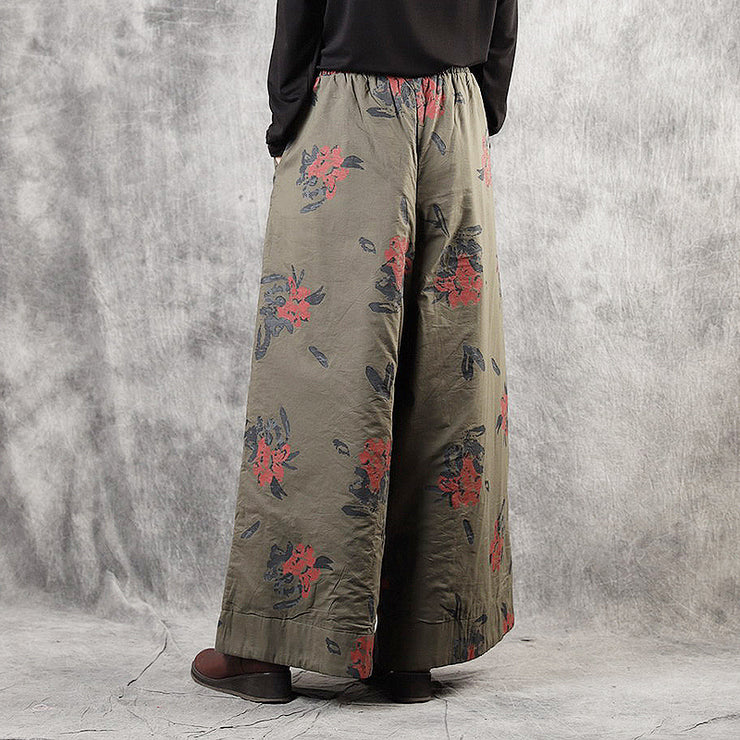 Modern Army Green Pockets Tie Waist Print Fall Wide Leg Pants