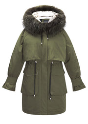 Modern Army Green Fur collar Pockets tie waist Winter Duck Down Puffer Coat