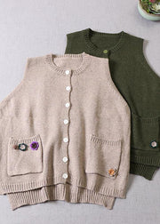 Modern Beige Pockets Button Fall Floral Knit Vest - bagstylebliss
