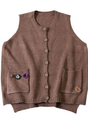 Modern Beige Pockets Button Fall Floral Knit Vest - bagstylebliss