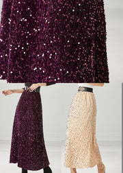 Modern Beige Sequins Elastic Waist Silk Velour Skirt Fall