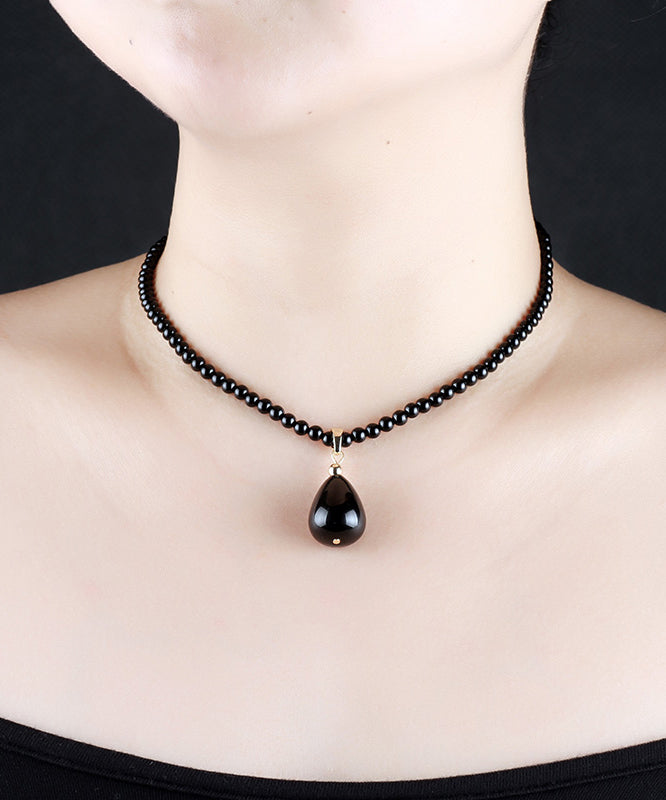 Modern Black Agate Water Drop Pendant Necklace