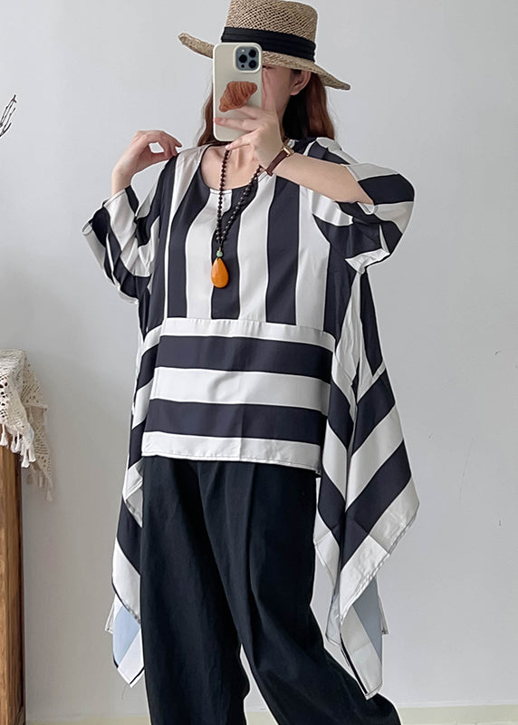 Modern Black Asymmetrical Oversized Striped Tops Summer