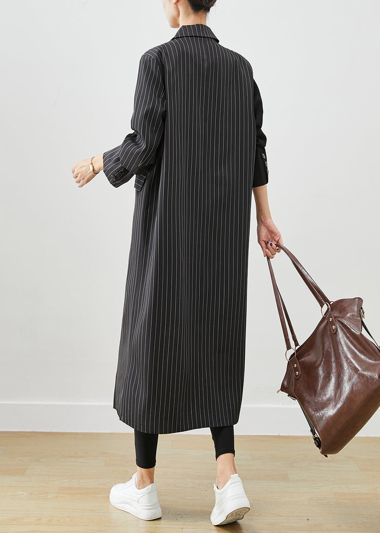 Modern Black Asymmetrical Striped Spandex Trench Fall