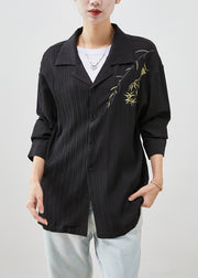 Modern Black Branch Embroidered Cotton Shirt Fall