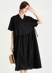 Modern Black Cinched Patchwork Cotton Dresses Short Sleeve