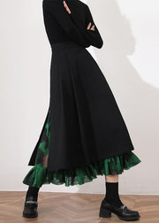 Modern Black Cinched Patchwork side open Skirt Spring