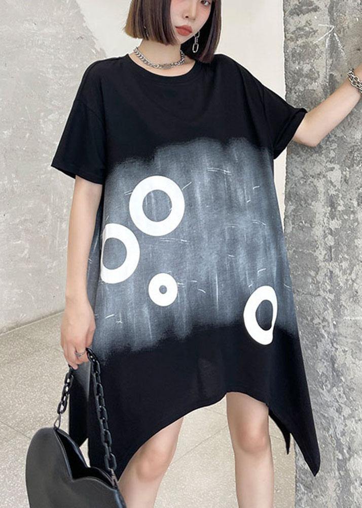 Modern Black Circle Asymmetric Cotton Dresses Short Sleeve - bagstylebliss