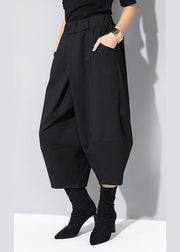 Modern Black Elastic Waist Patchwork Pockets Casual Fall Wide Leg Pants