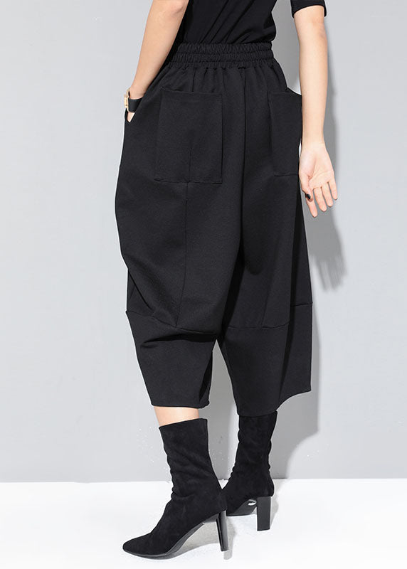 Modern Black Elastic Waist Patchwork Pockets Casual Fall Wide Leg Pants