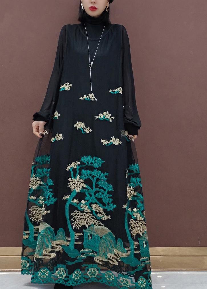 Modern Black Embroidery Dresses Stand Collar Patchwork Tulle Vestidos De Lino Spring Dress - bagstylebliss