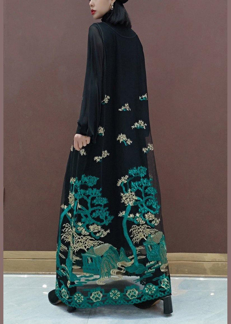 Modern Black Embroidery Dresses Stand Collar Patchwork Tulle Vestidos De Lino Spring Dress - bagstylebliss