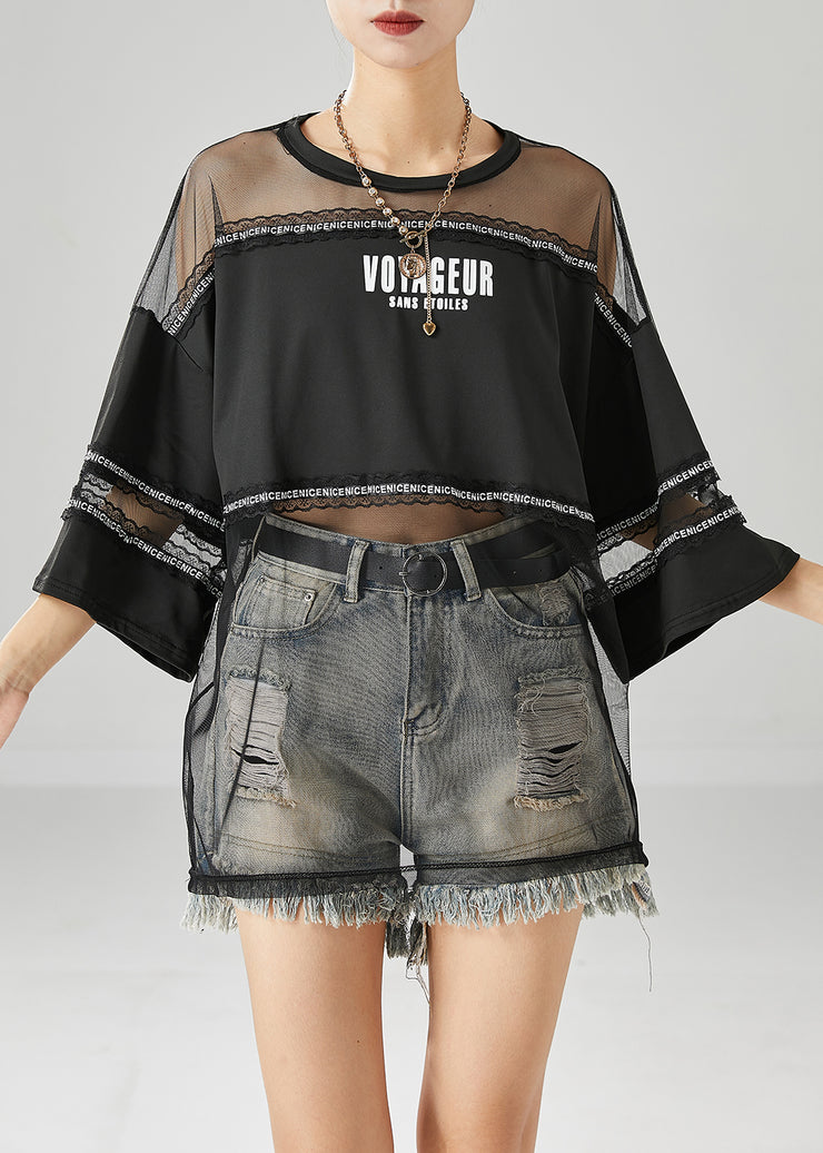 Modern Black Hollow Out Patchwork Tulle Tank Tops Summer