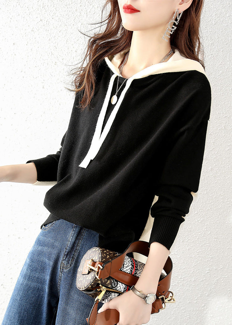 Modern Black Hooded fashion Knit Sweater Tops Winter