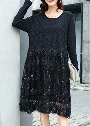 Modern Black Knit Patchwork Hollow Out Vacation Dresses Fall