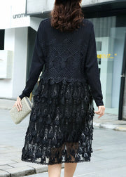 Modern Black Knit Patchwork Hollow Out Vacation Dresses Fall